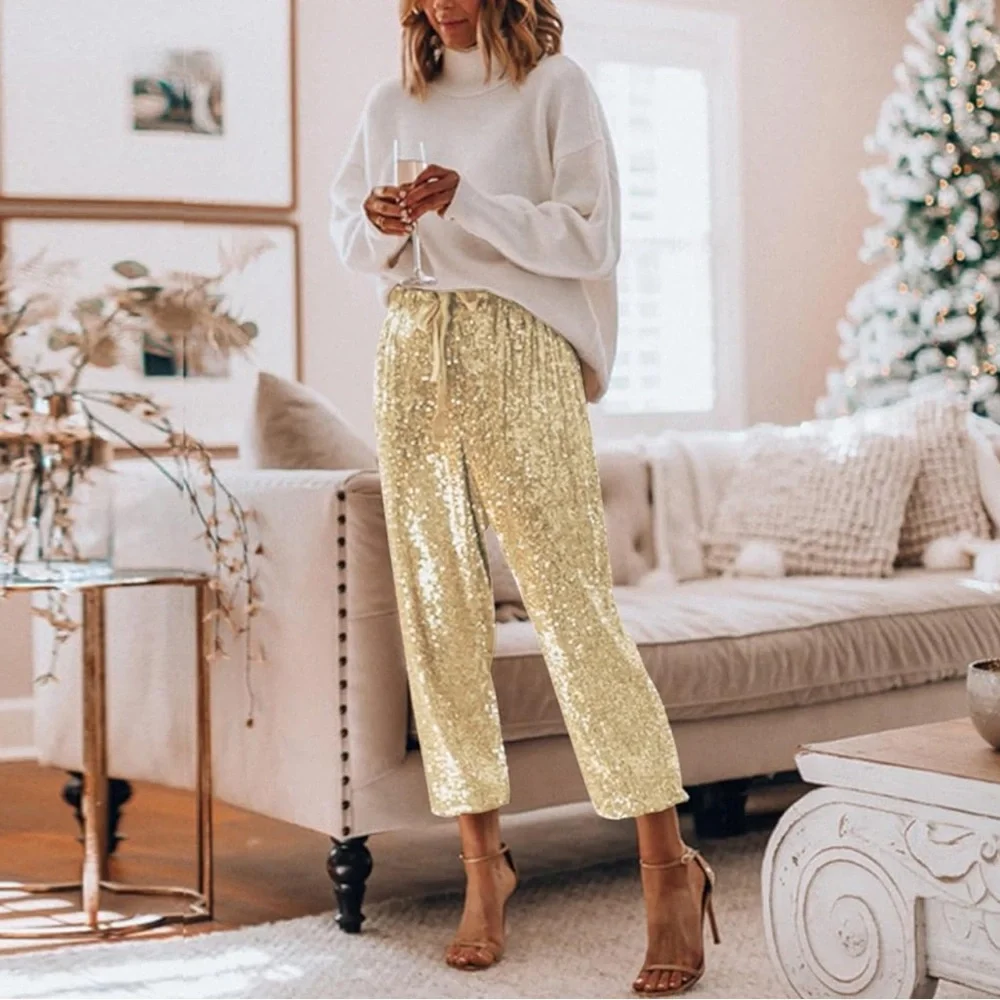 ♦️SOLD♦️EXPRESS Sequined Pleated High Rise Cropped Wide Leg Trousers Pants Sz M - Picture 15 of 16